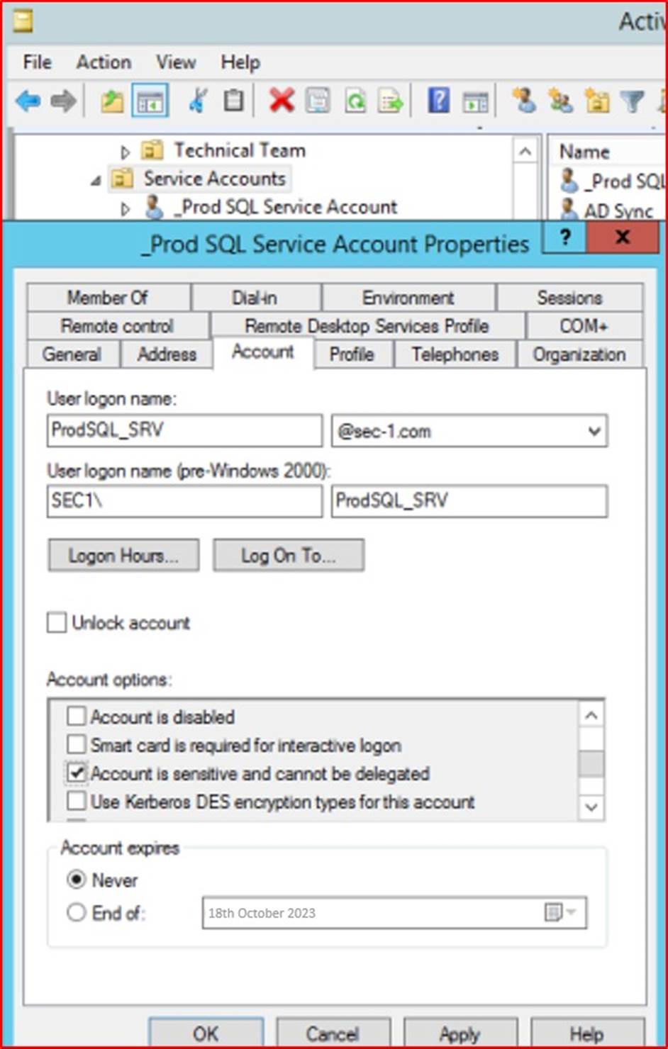 Service account properties panel.