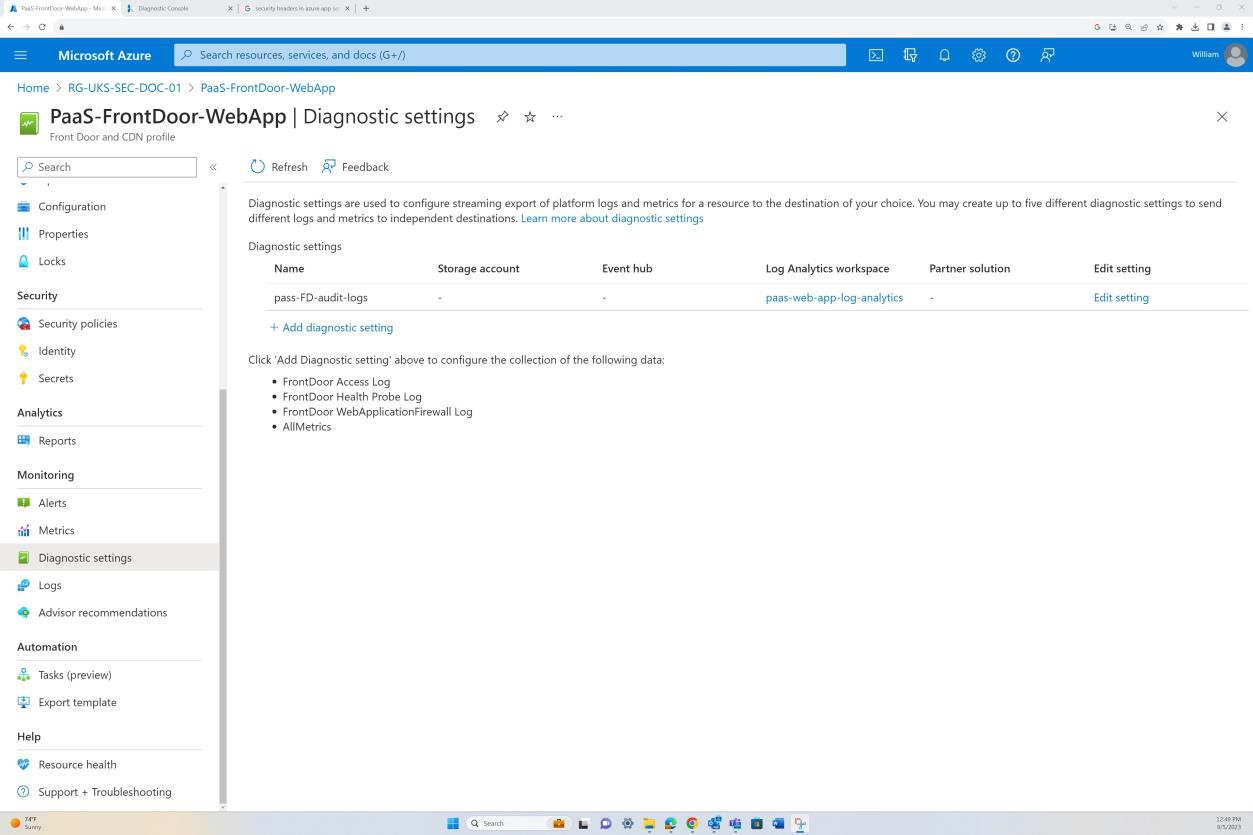 Microsoft Azure app diagnostic settings.