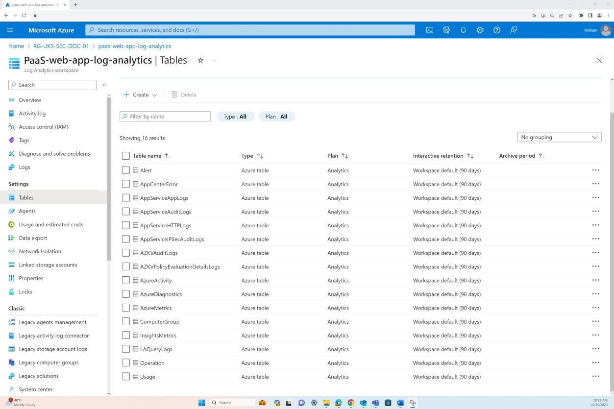 Windows local security policy settings.