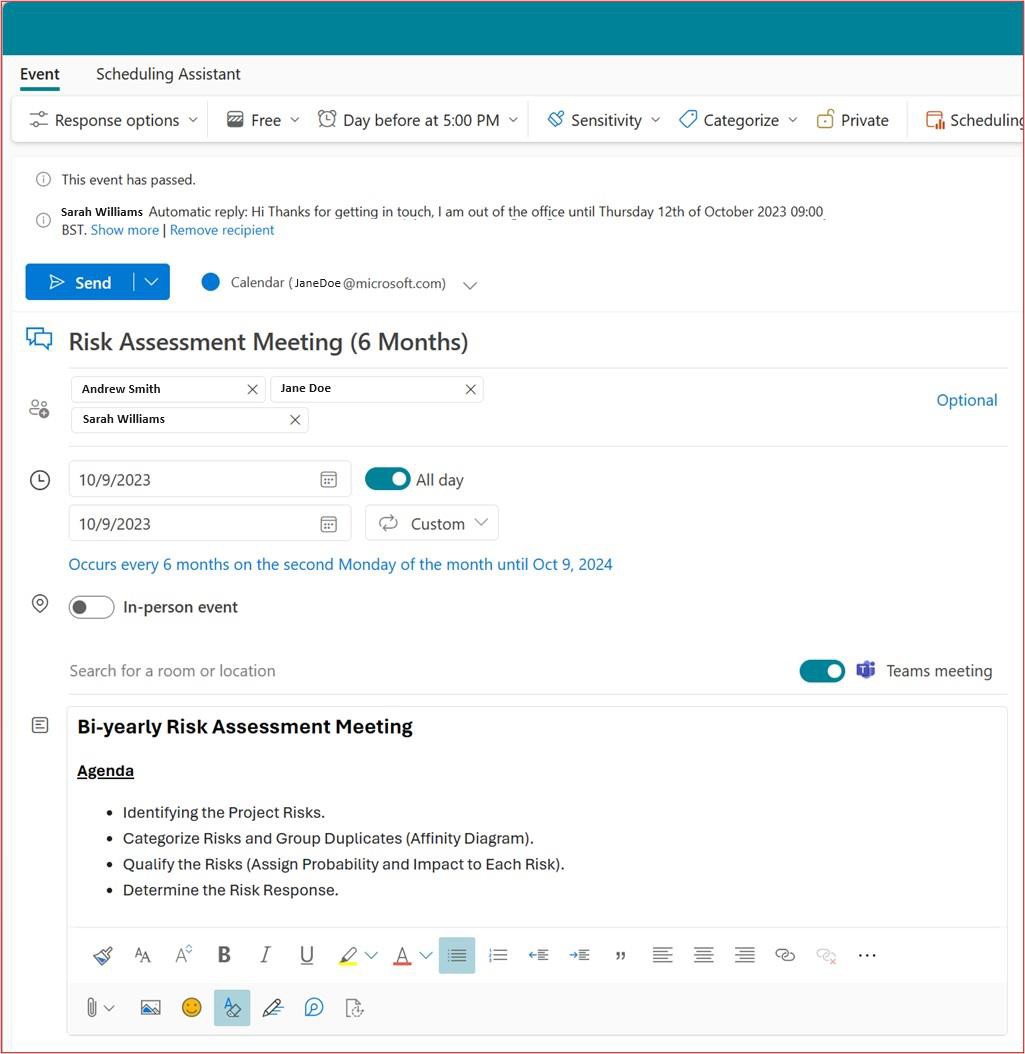 Recurring event email invite for risk assessment meetings.