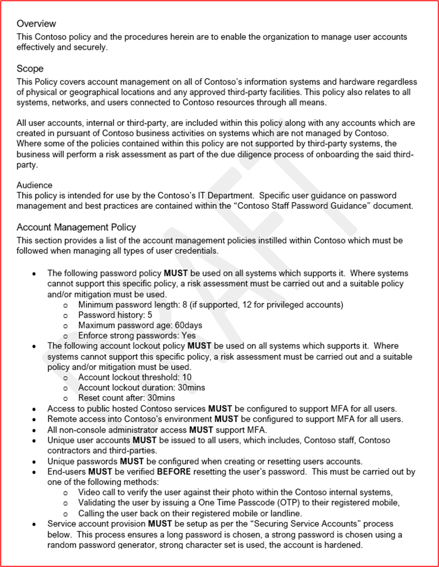 screenshot shows more detials of an Account Management Policy for Contoso.