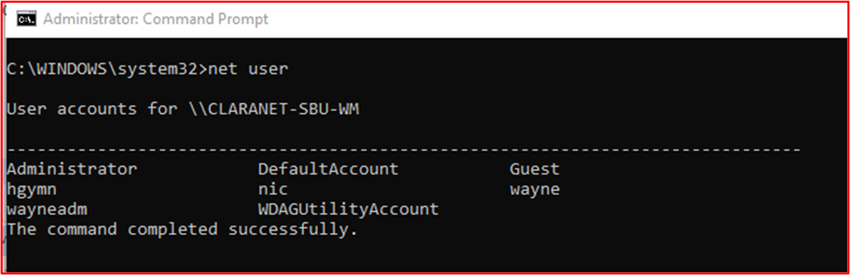 screenshot shows user accounts configured for the in-scope system component "CLARANET-SBU-WM".