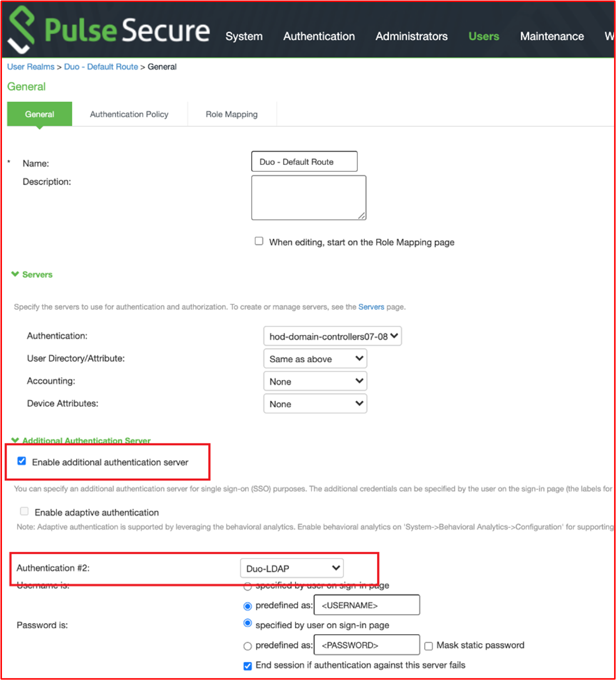 screenshot demonstrates that an additional authentication server is enabled which is pointing to "Duo-LDAP" for the 'Duo - Default Route' authentication realm.