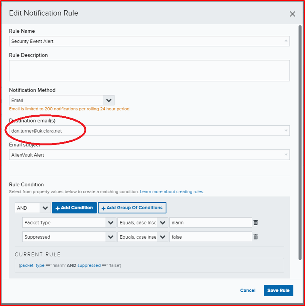 example shows that alerting within AlienVault, utilized by the SOC, is configured to send an alert to a member of the SOC Team, Dan Turner at Claranet Cyber Security.