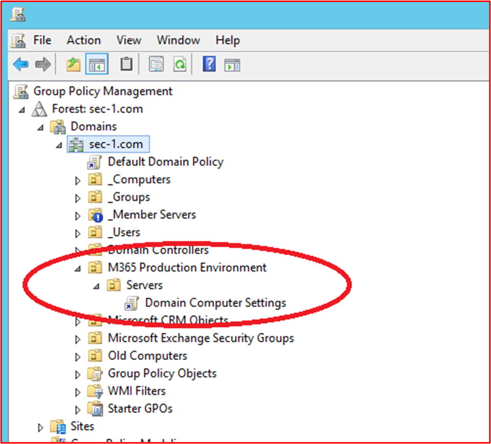 screenshot shows the M365 Environment and the Computers included within the scope being applied to this GPO Object 'Domain Computer Settings'.