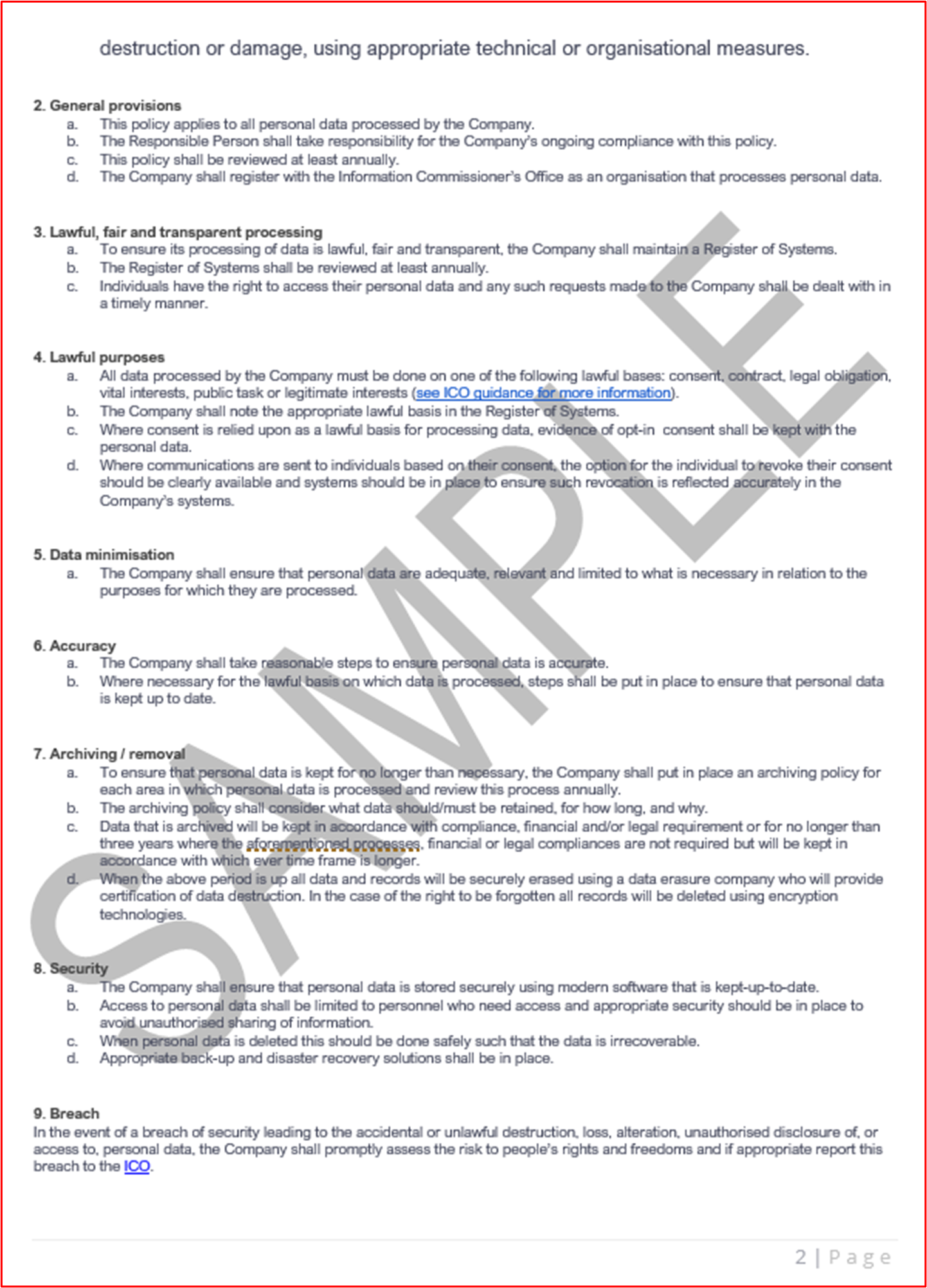 Screenshot of Data Protection Policy which can be used in conjunction with the privacy notice shown previously2