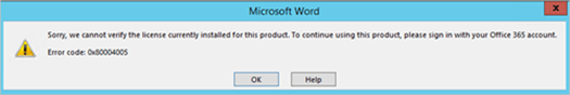 Screenshot of error message indicating that the license can't be verified, with error code 0x8004005.