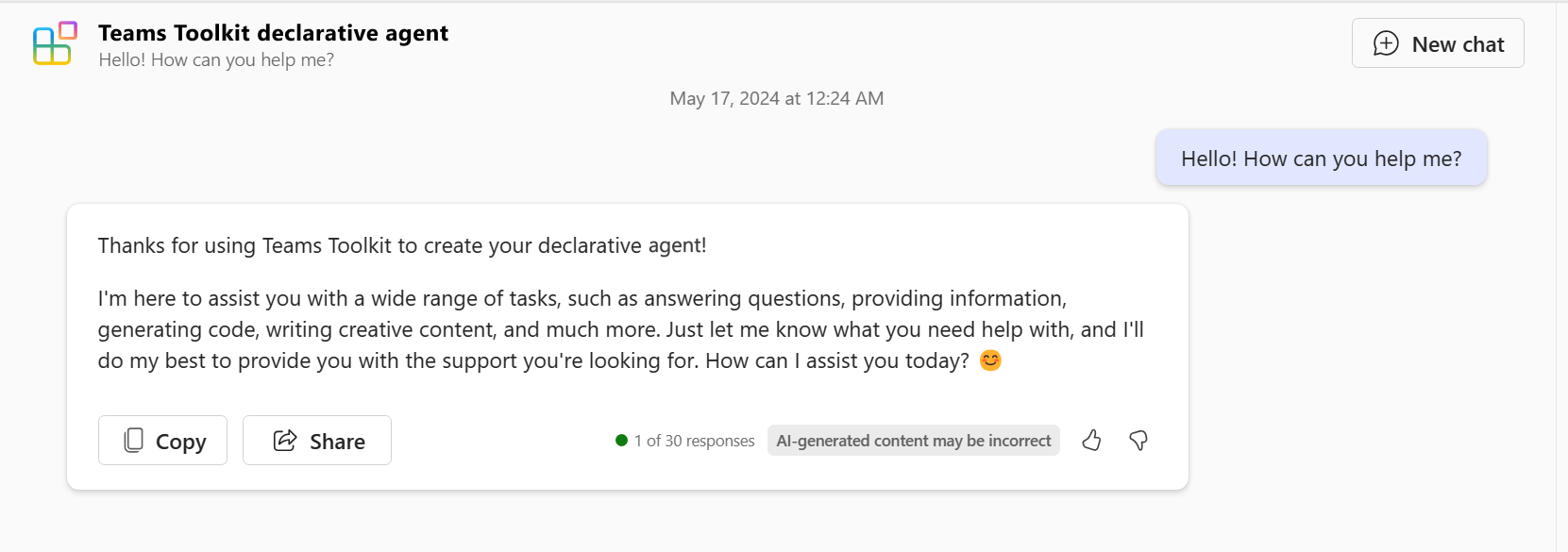 Screenshot shows the answer from the declarative agent in Microsoft 365 Copilot.