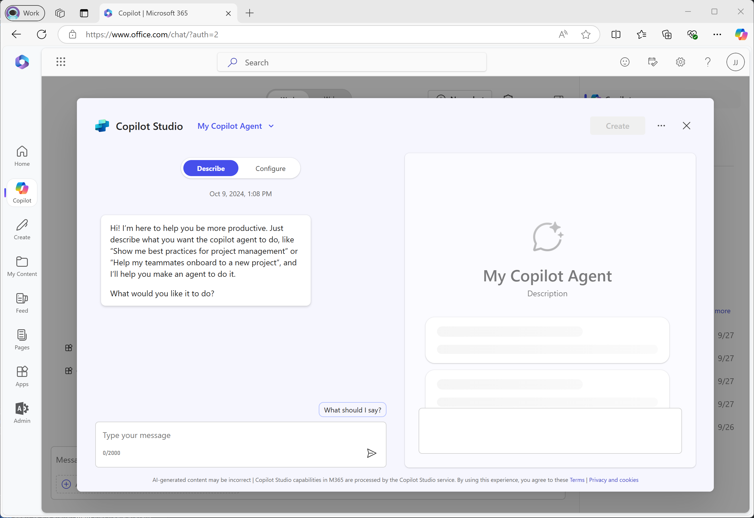 Copilot Studio agent builder initial screen