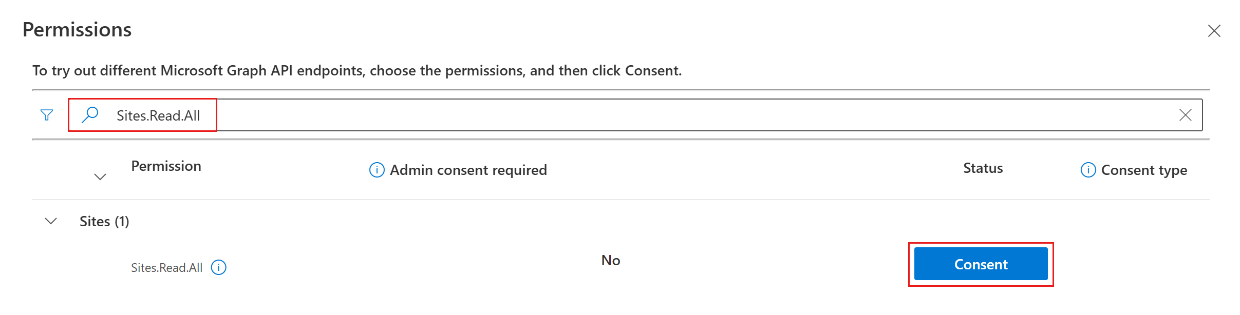 A screenshot of Graph Explorer's permission consent dialog with Sites.Read.All