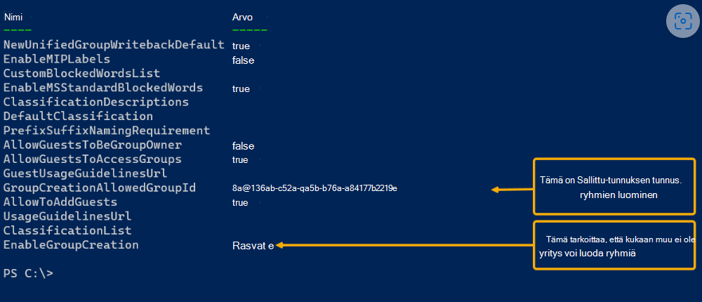 Näyttökuva PowerShell-komentosarjan tulostuksesta.