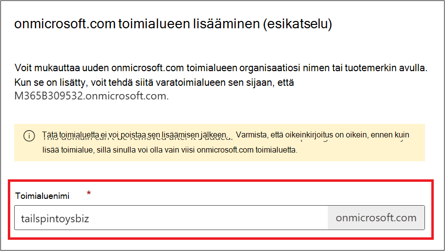 Näyttökuva Lisää onmicrosoft-toimialue -sivusta.