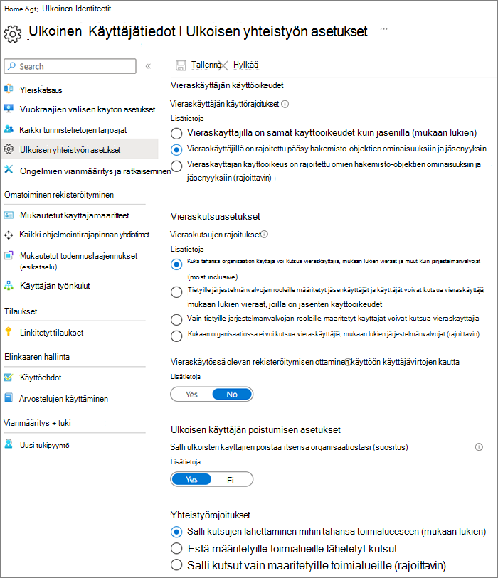 Näyttökuva Microsoft Entran ulkoisen yhteistyön asetukset -sivusta.