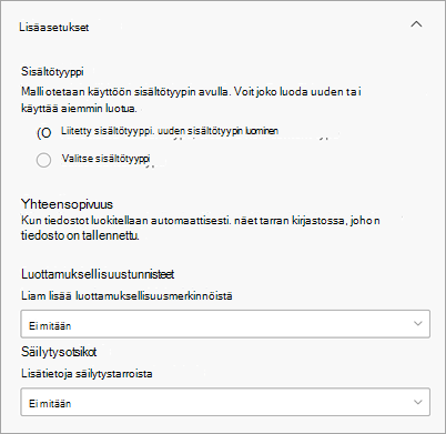 Näyttökuva Lisäasetukset-osiosta Yksinkertaisen asiakirjan käsittelymallin luominen -sivulla.