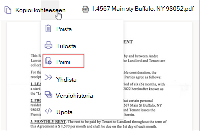 Näyttökuva Lisää vaihtoehtoja -valikosta, jossa näkyy Poimi-vaihtoehto.
