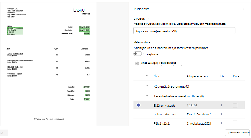 Näyttökuva poimintatoiminnon tietosivusta ja Poiminta-paneelista.