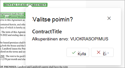 Näyttökuva Poiminta-tietosivun Valitse poiminta -ruudusta.