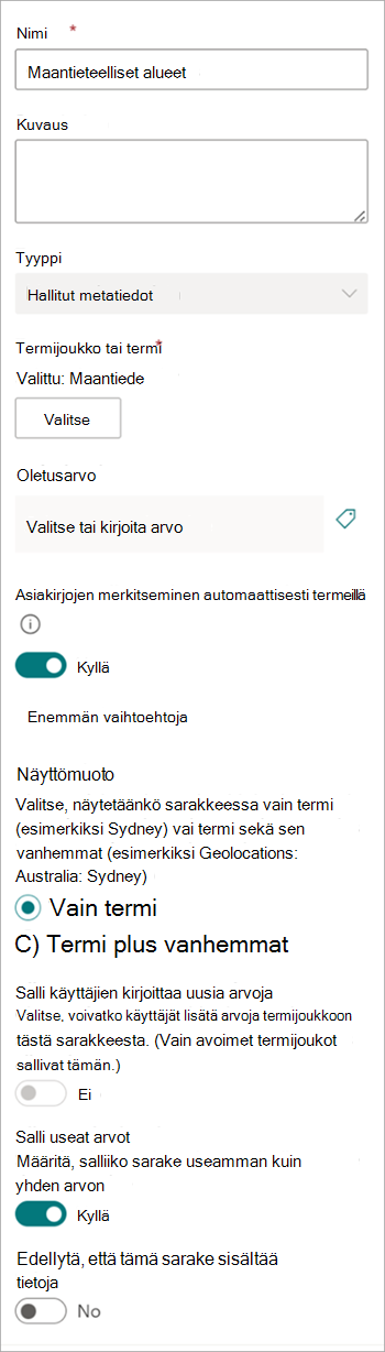 Näyttökuva, jossa näkyy luokitussarakkeen Sarakeasetukset-paneeli.