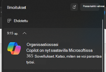 Näyttökuva, jossa näkyy Copilot-ilmoituksen ponnahdusikkuna.