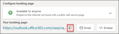 Näyttökuva: Kopioi Bookings-sivun URL-osoite, jotta voit lisätä kampanjatunnuksen markkinointia varten