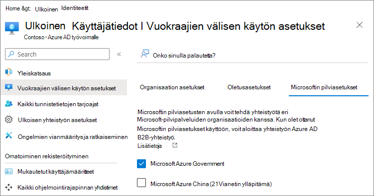 Näyttökuva, jossa näkyvät Microsoftin pilvipalvelun asetukset.