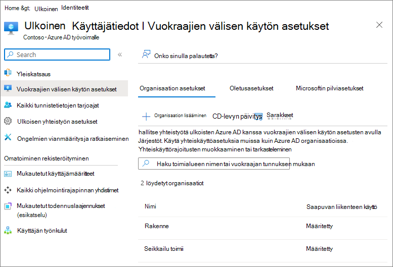 Näyttökuva Vuokraajien välisen käytön asetuksista Microsoft Entra -tunnuksella, kun kaksi ulkoista organisaatiota on määritetty.