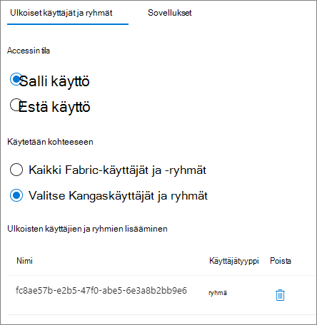 Näyttökuva sallitusta ryhmästä saapuvan vuokraajan välisen käytön asetuksissa ulkoisessa organisaatiossa.