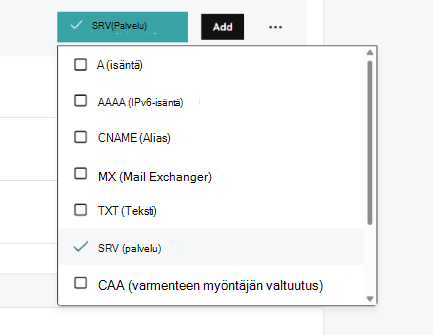 Näyttökuva, jossa näkyy SRV valittuna avattavasta Tyyppi-luettelosta.