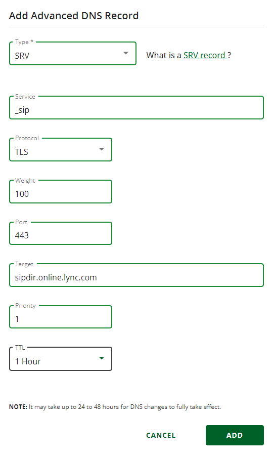 Kirjoita tai kopioi ja liitä arvot taulukosta SRV-tietueikkunaan.