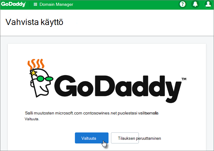 Valitse GoDaddy Vahvista käyttöoikeus -sivulla Valtuuta.