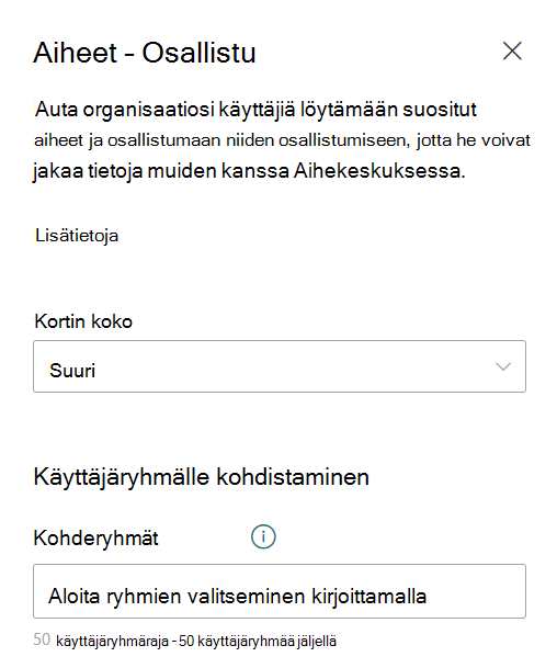 Näyttökuva osallistumiskortin muokkauspaneelin Topics.