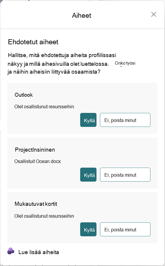 Näyttökuva Topics Osallistumiskortti-pikanäkymästä.