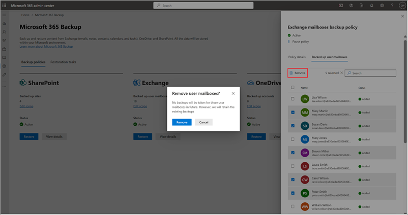 Näyttökuva, jossa näytetään, miten voit poistaa käyttäjien postilaatikot Exchangen varmuuskopiointikäytännöstä Microsoft 365 -hallintakeskus.