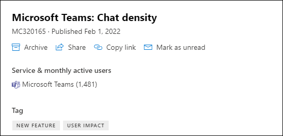 Näyttökuva: Microsoft Teamsin keskustelutiheyssivun näyttäminen viestikeskuksen julkaisussa ja kuukausittaiset aktiiviset käyttäjätiedot