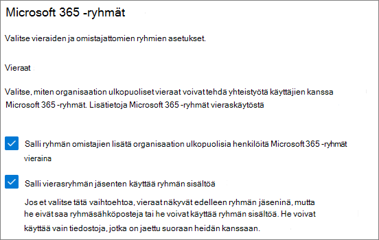 Näyttökuva Microsoft 365 -ryhmien vierasasetuksista Microsoft 365 -hallintakeskuksessa.