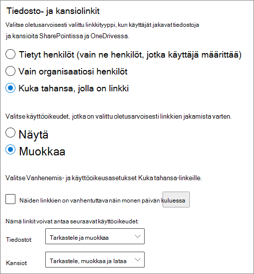 Näyttökuva SharePointin organisaatiotason tiedostojen ja kansioiden jakamisasetuksista.