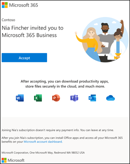 Näyttökuva: Hyväksy kutsu liittyä Microsoft 365 for Business -organisaatioon