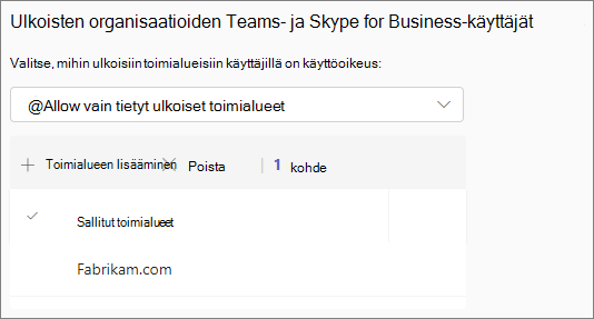 Näyttökuva Teamsin ulkoisista käyttöoikeusasetuksista Teamsille ja Skype for Business -käyttäjille ulkoisissa organisaatioissa, joilla on yksi sallittu toimialue.