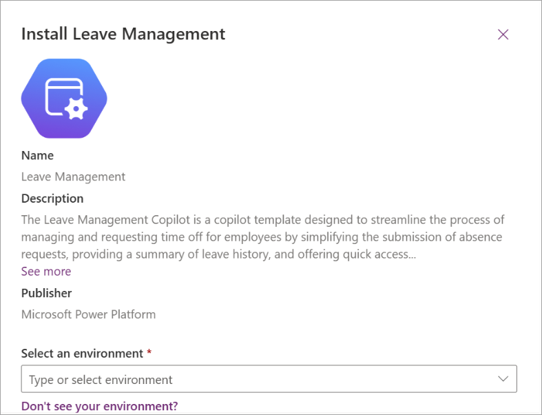 Näyttökuva hallintakeskuksen Install Leave Management asiakaspalvelija -näytöstä Power Platform .