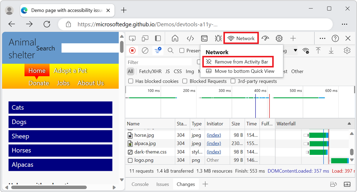 The right-click menu for the Network tool in the Activity Bar, including the 'Remove from Activity Bar' command