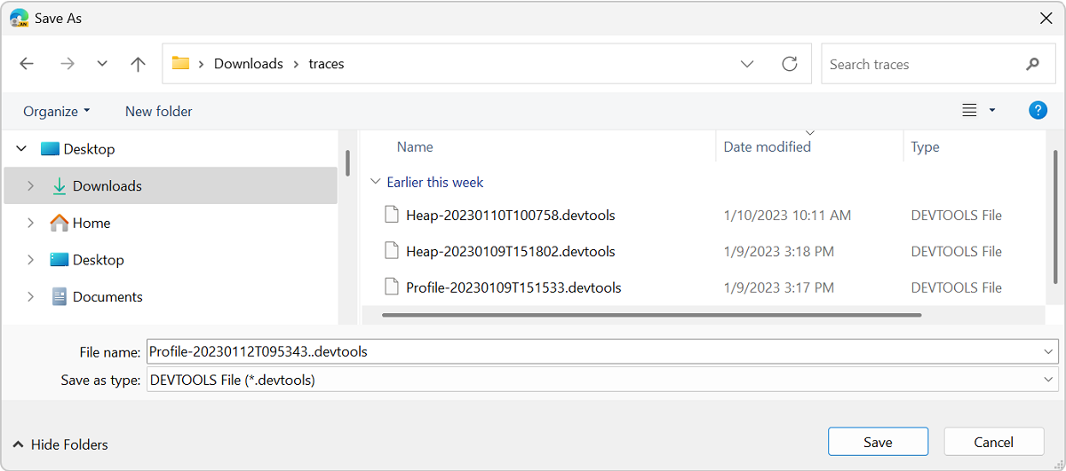 The Windows save dialog, showing the performance trace file being saved in a traces folder