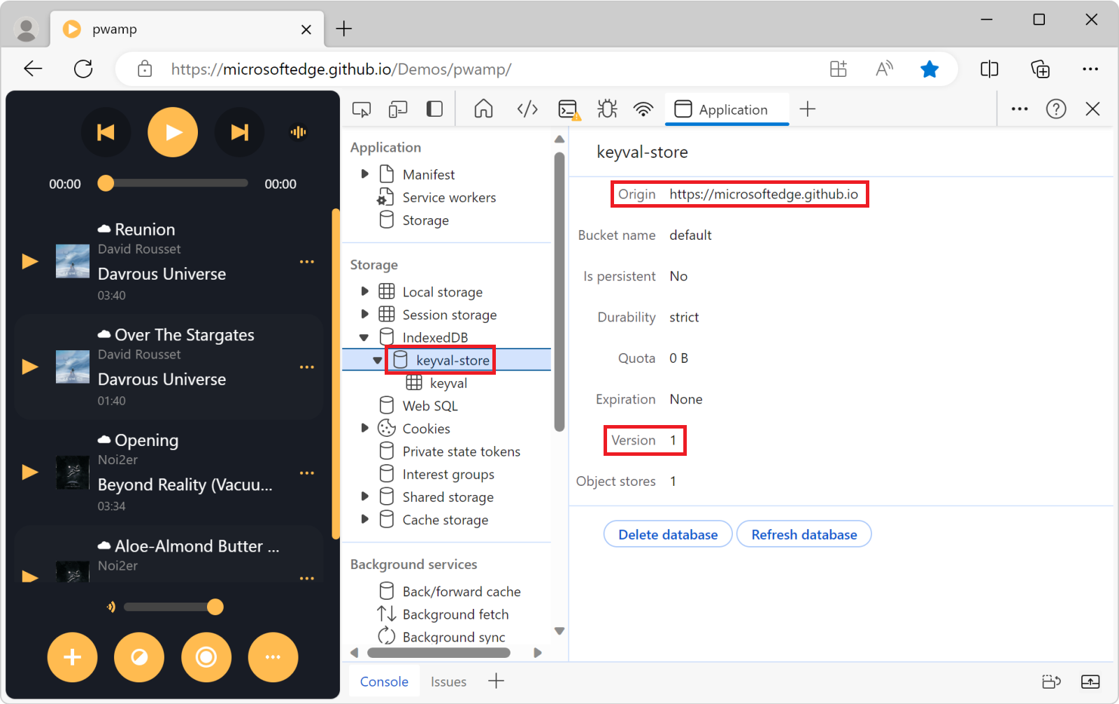 Information about the keyval-store database, in the Application tool