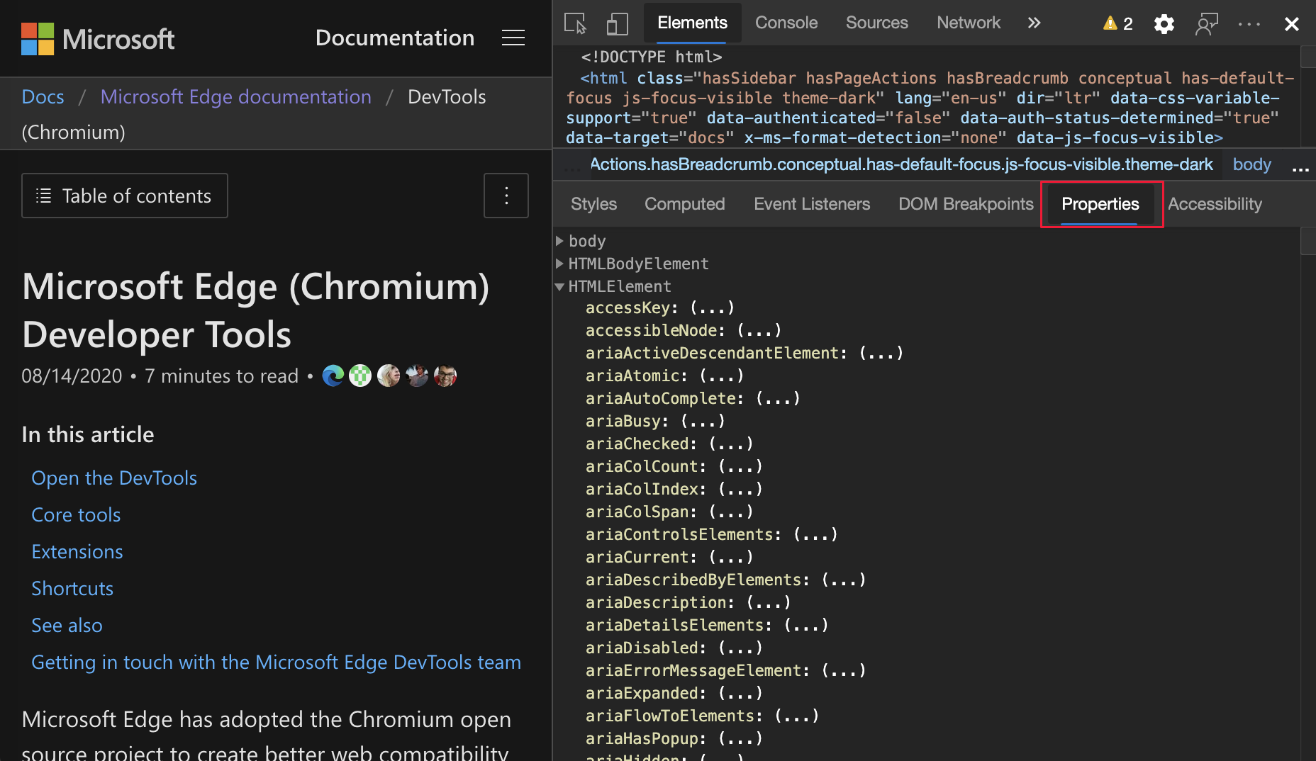 Properties pane in the Elements panel