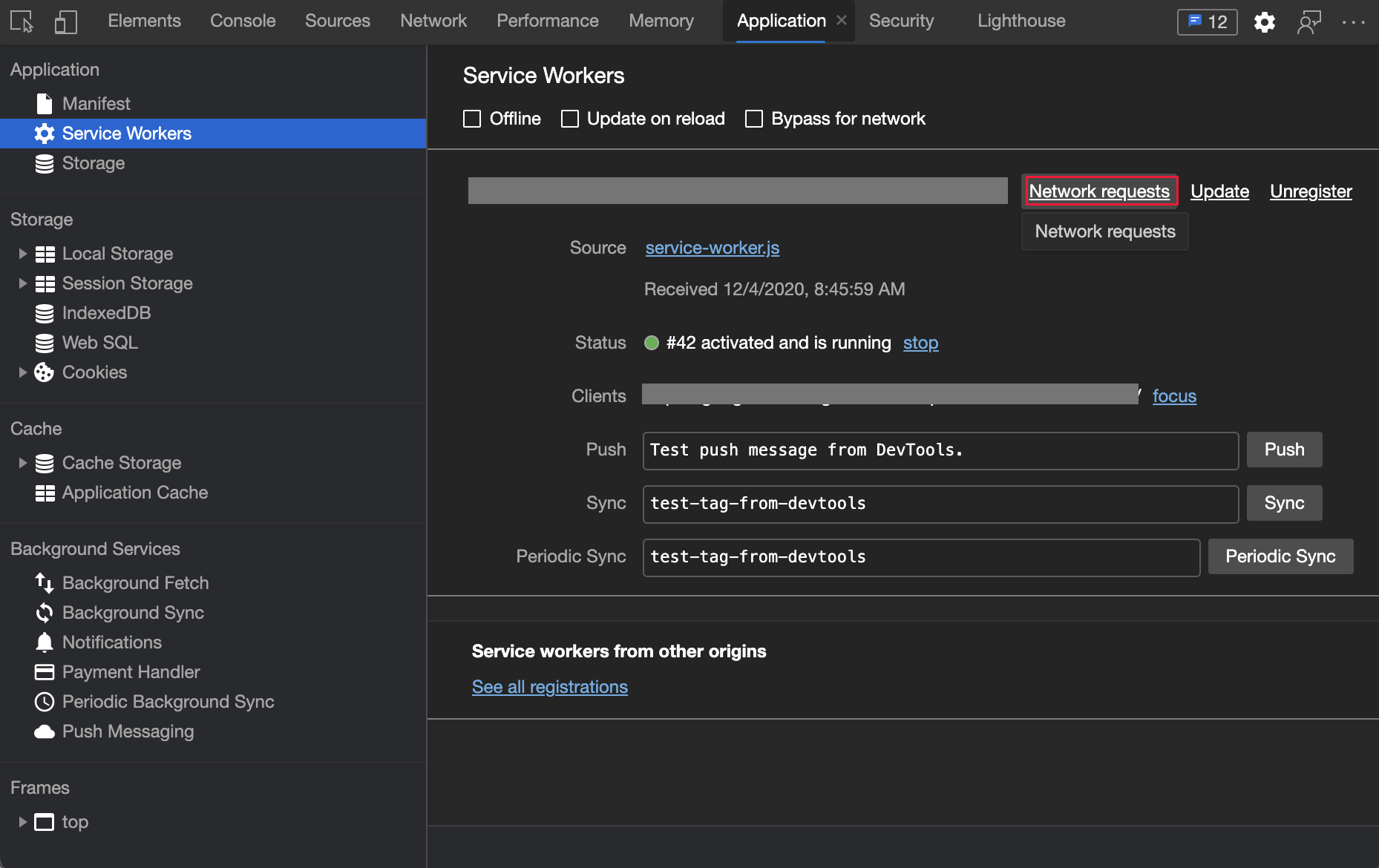 Opening the Network tool from the Service Workers pane