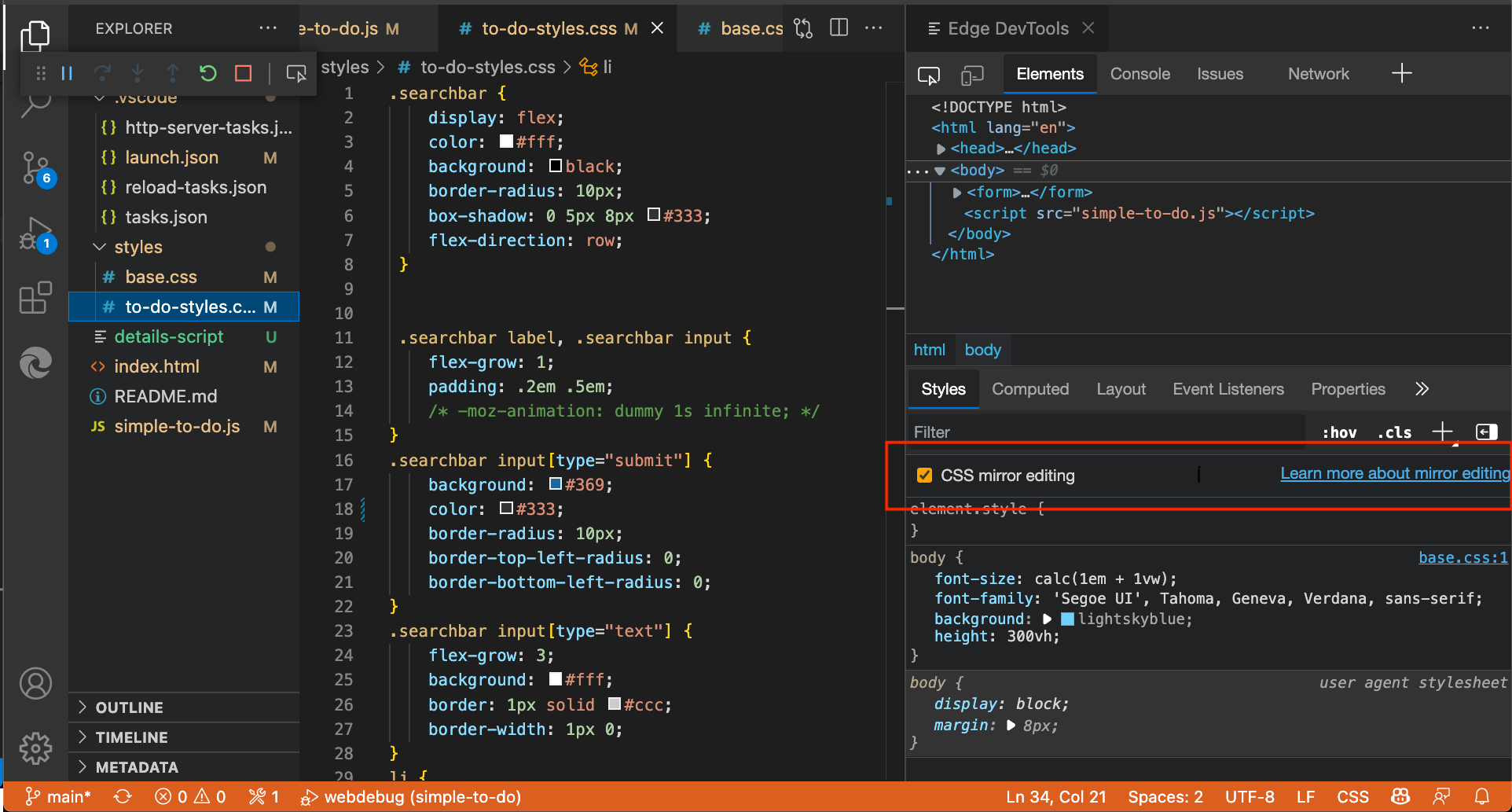 Checkbox in the Styles panel of the Elements tool to enable or disable CSS mirroring