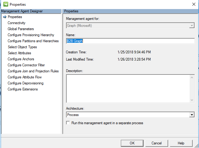 Screenshot showing Management agent for Graph with a name of B 2 B Graph, and an O K button.