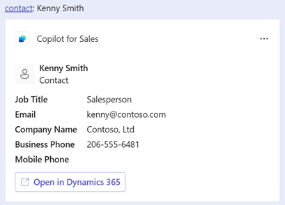 Näyttökuva Copilot for Sales -yhteyshenkilökorttilinkistä.