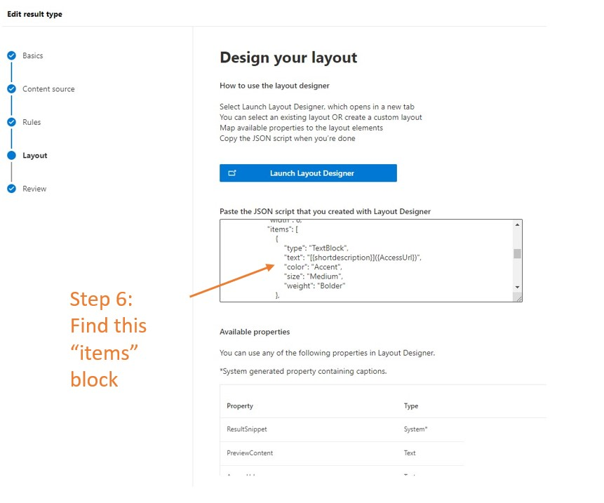 Screenshot shows how to find items block in result type