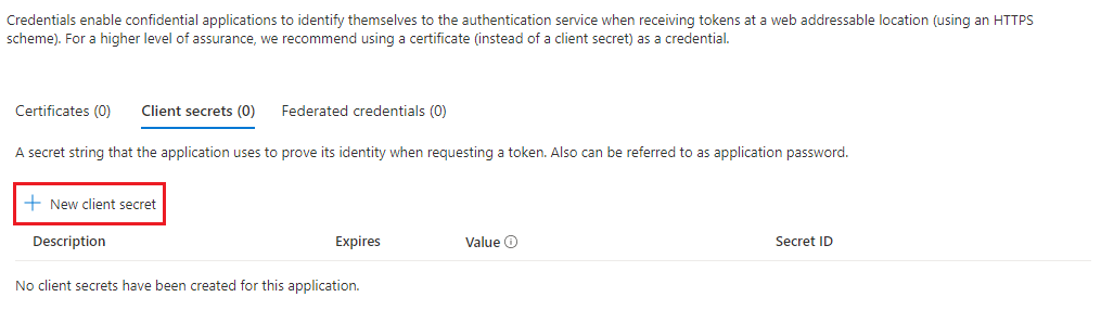Screenshot shows the New client secret option highlighted to add a new client secret.