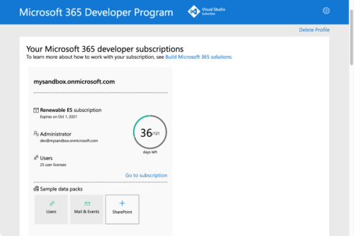 Screenshot of Microsoft 365 Developer Program displaying your Microsoft 365 developer subscriptions for the blazor app.